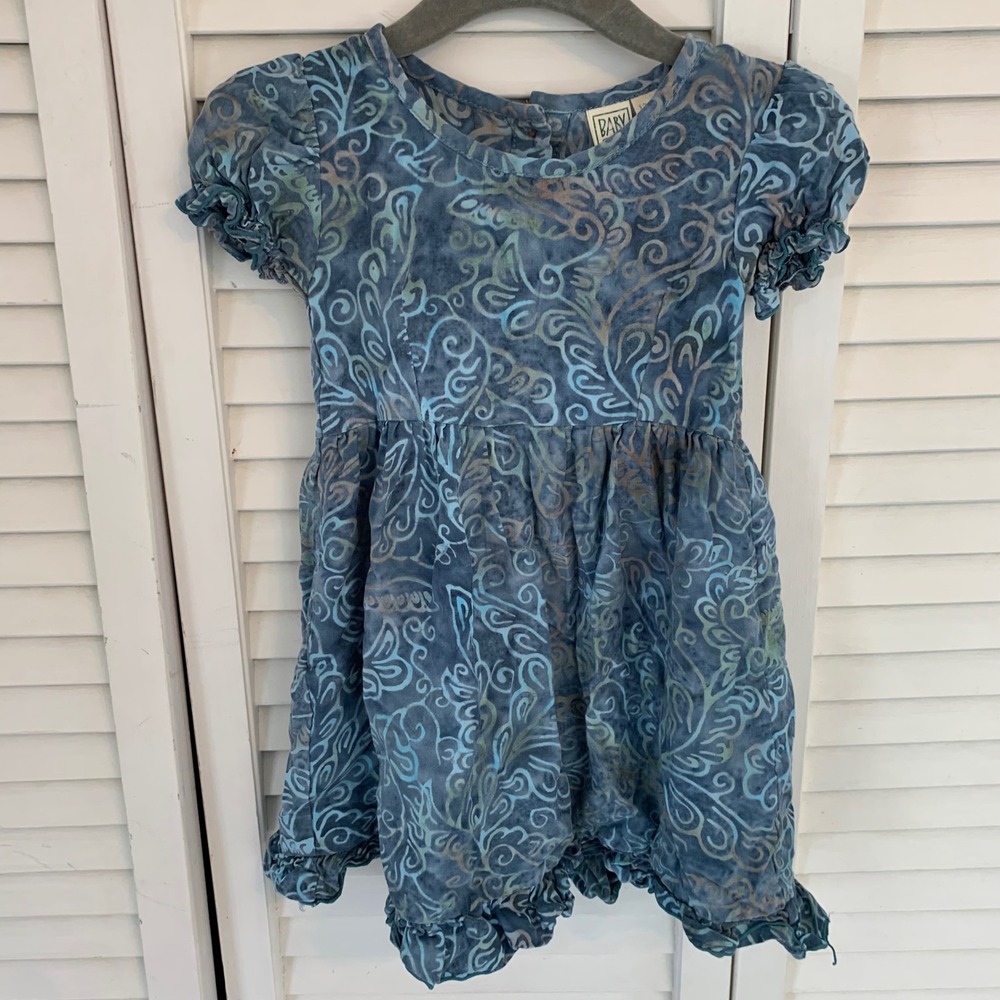 Baby‎ Fish Blue Swirl Batik Twirl Dress 12 Months Ruffle Sleeve Button Back Boho
